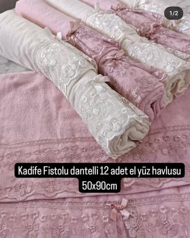 KADİFE FİSTOLU DANTELLİ EL YÜZ HAVLUSU(12 ADET)